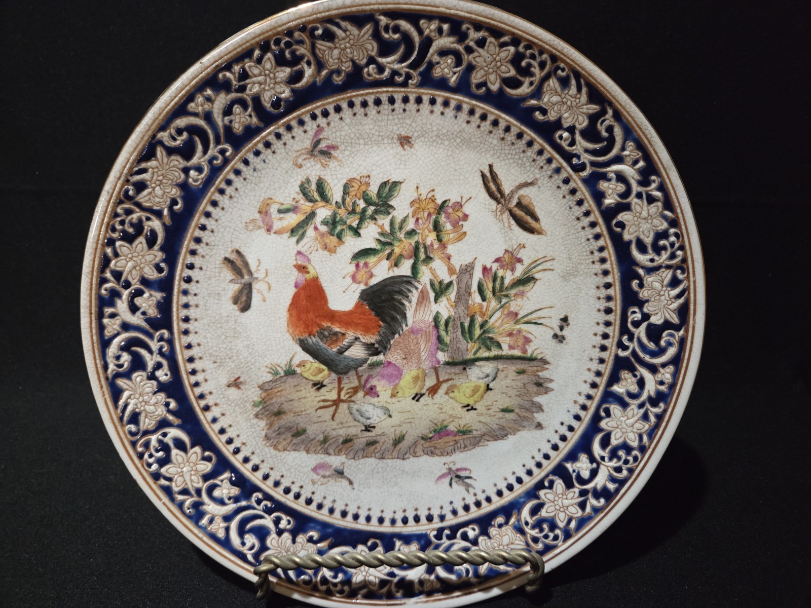 VINTAGE Hua Rong Tang Zhi Chinese Rooster Charger Plate Blue Gold Crackle Glaze