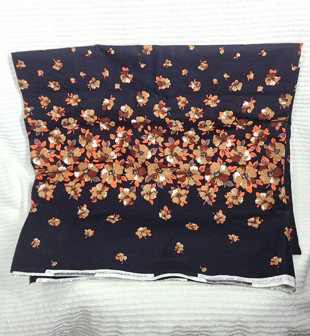 Vtg 50s Border Print Fabric 3 1/2 Yard Cotton Black Orange Floral Cranston Dress