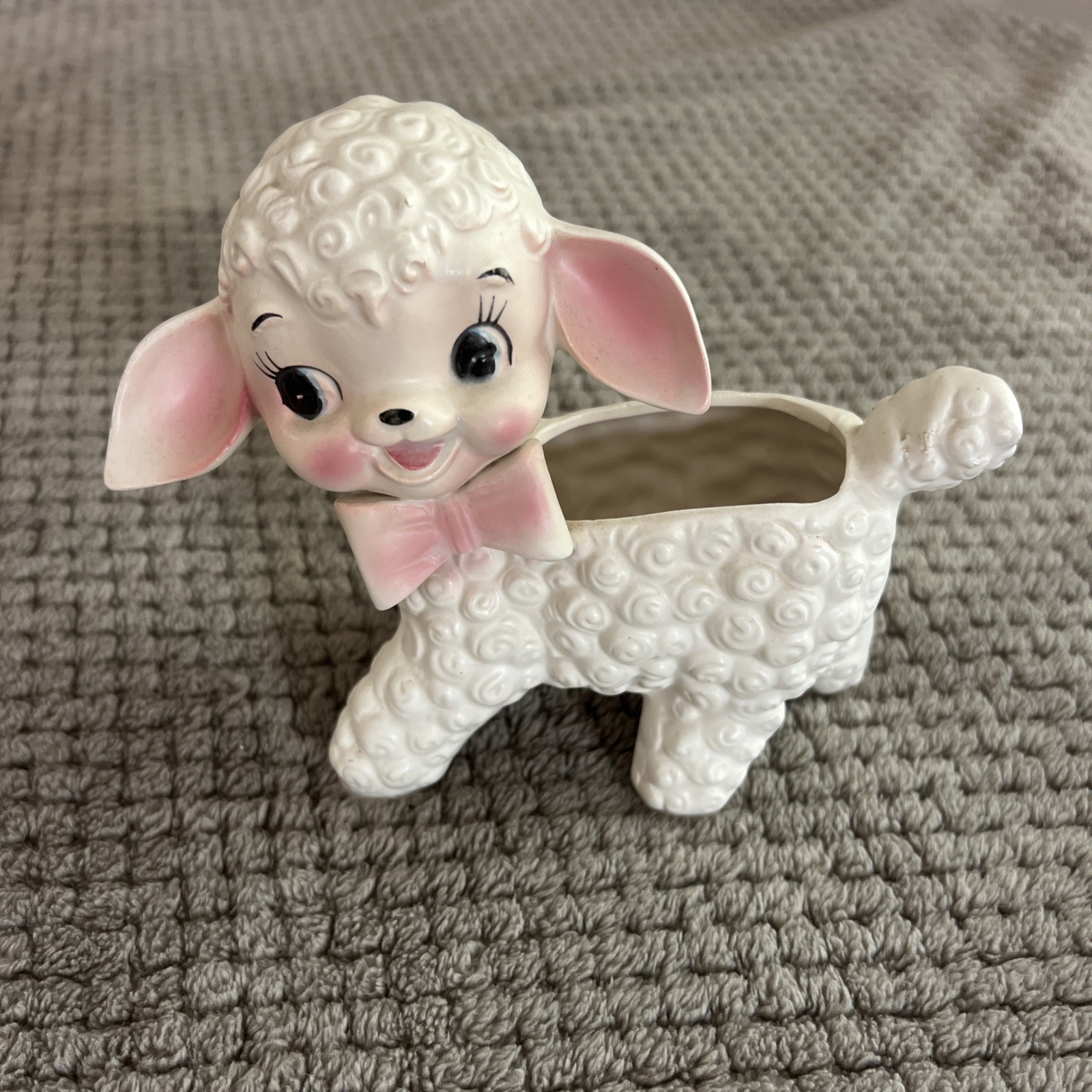 Vintage Ceramic Baby Lamb Sheep Planter With Pink Highlights and Bow Japan