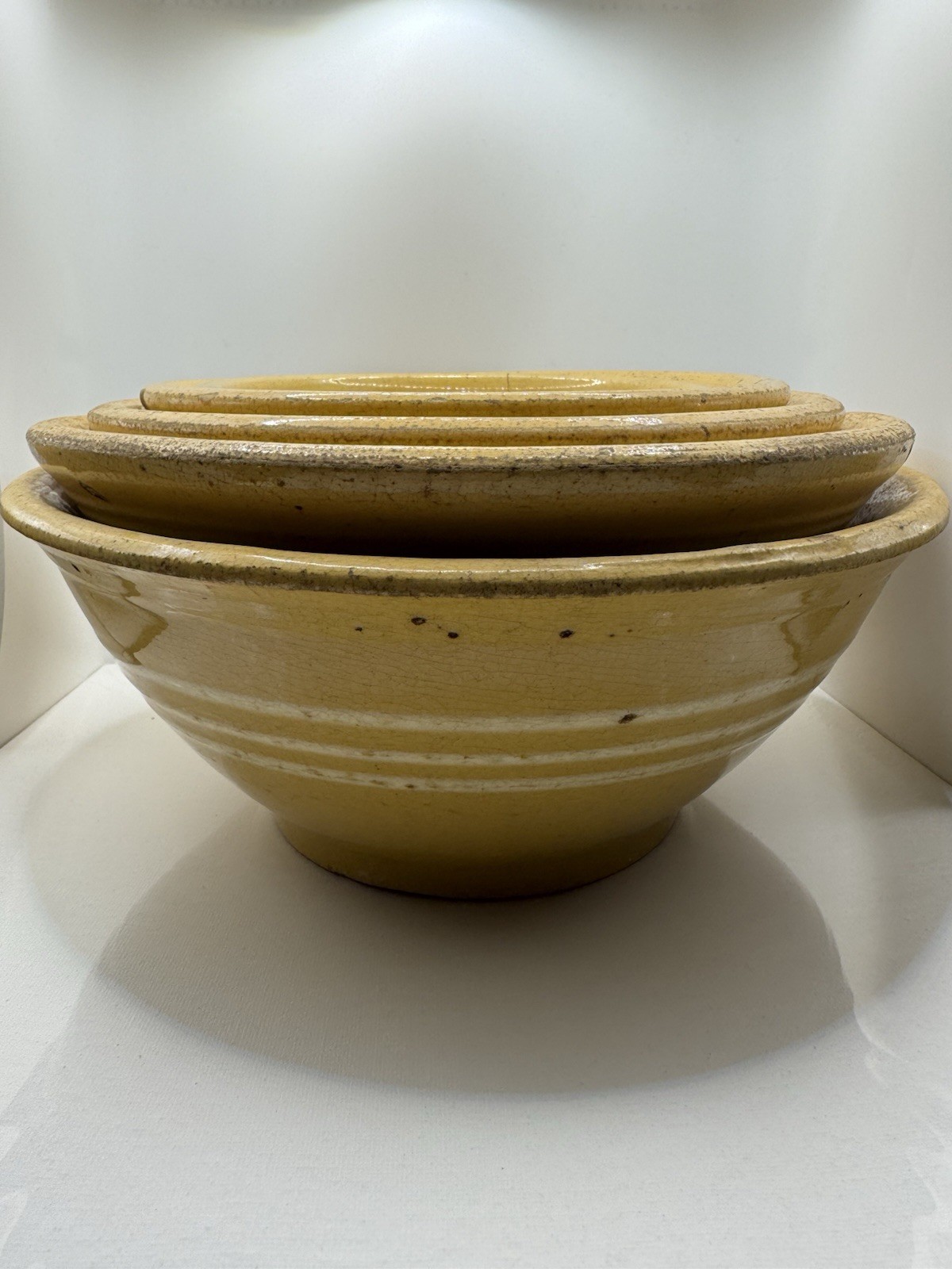 Antique Yellow Ware Striped Nesting Bowls 1880s American -set of 5