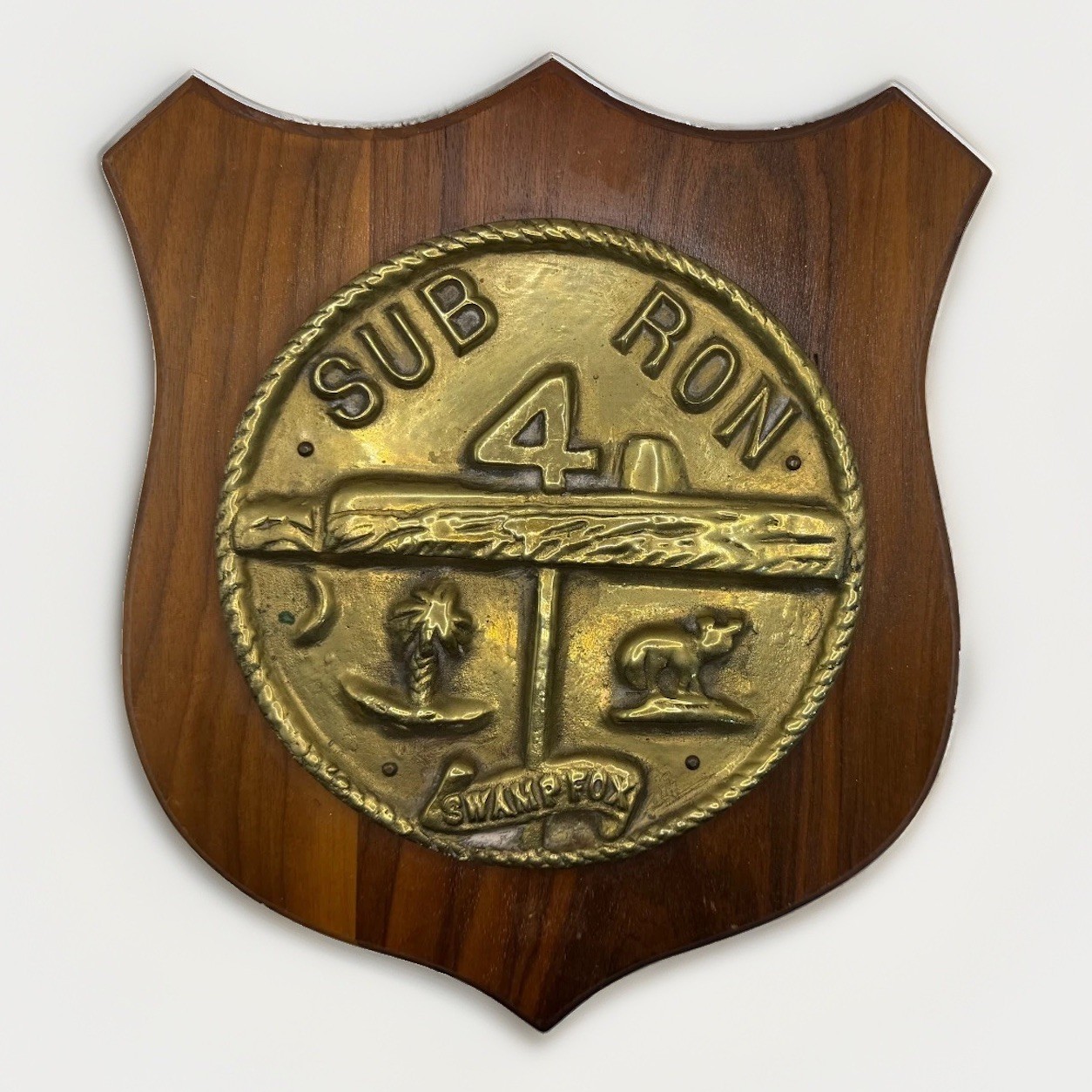 Vintage US Navy SUBRON 4 Swamp Fox Brass Plaque Submarine Squadron Four Wood