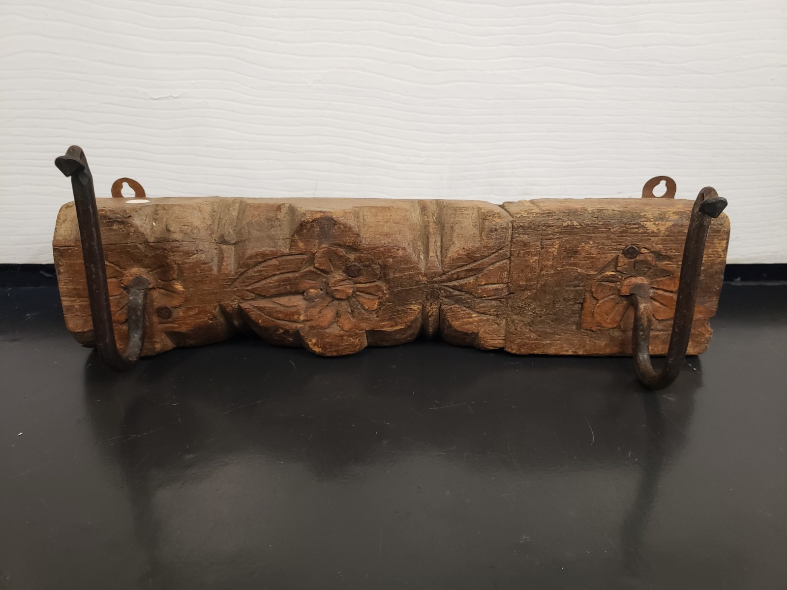 Architectural Salvage Wooden Wall Hanging 2 Iron Hook Hanger Old Hand Carved Architectural Salvage Wooden Wall Hanging 2 Iron Hook Hanger Old Hand Carved