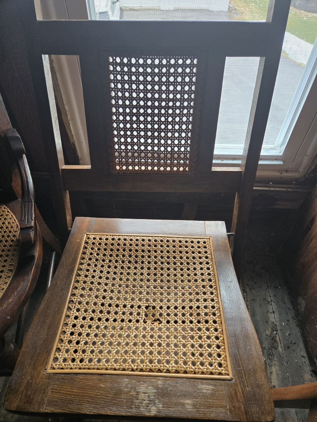 Antique Wooden Folding Chair With Cane Sitting Antique Wooden Folding Chair With Cane Sitting