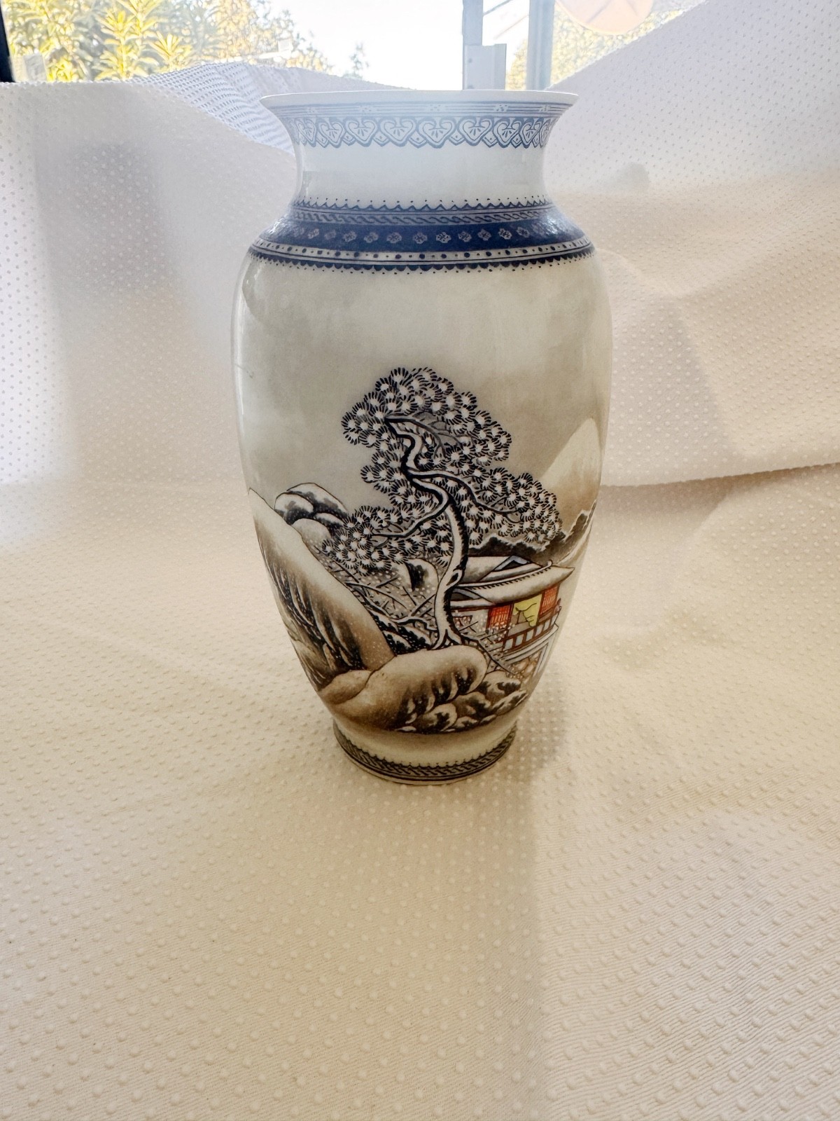 Vintage Chinese Hand Painted Porcelain Vase Winter Scene Red Seal Mark 7.75