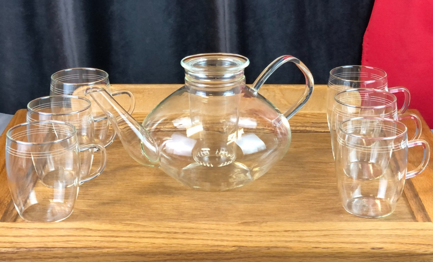 Vintage Schott Mainz CLEAR GLASS TEAPOT with Lid + 6 Cups Excellent Condition