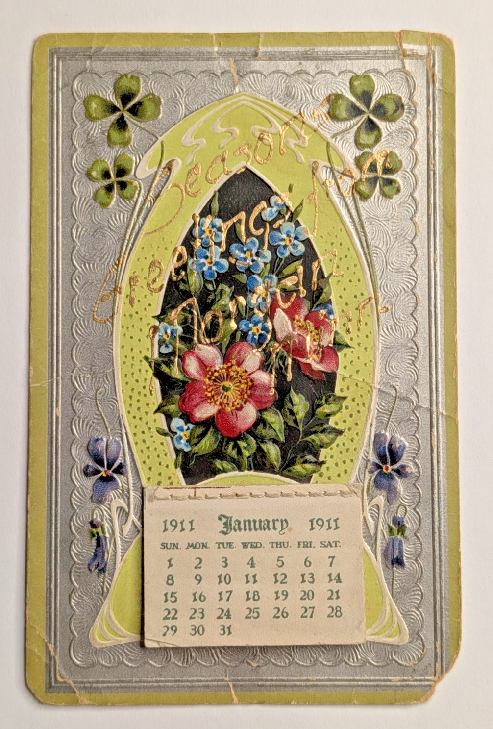 New Year Postcard 1911 With Attached Mini Calendar Embossed