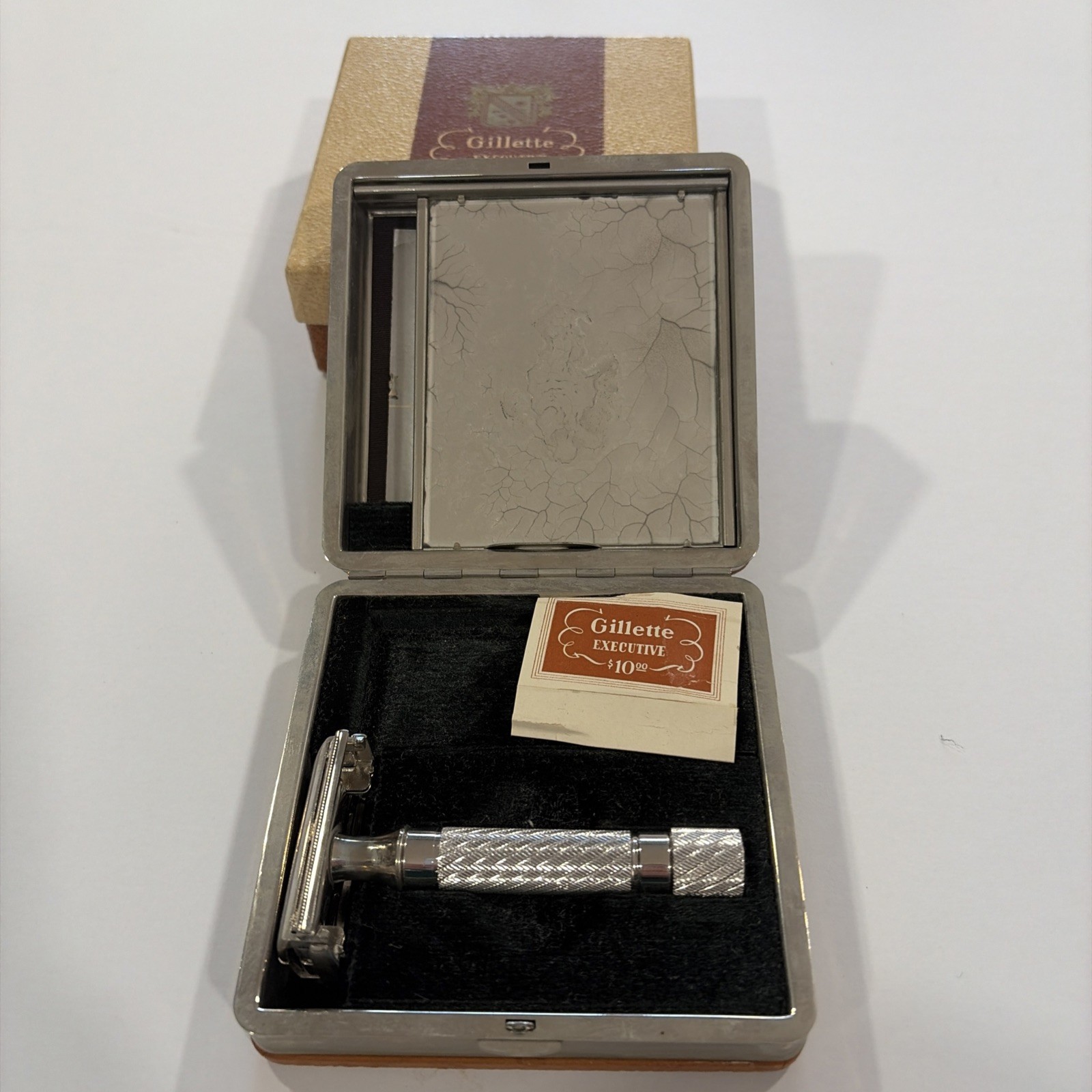 Rare Vintage 1949 Gillette Executive Rhodium Safety Razor Set w/ Ostrich Box