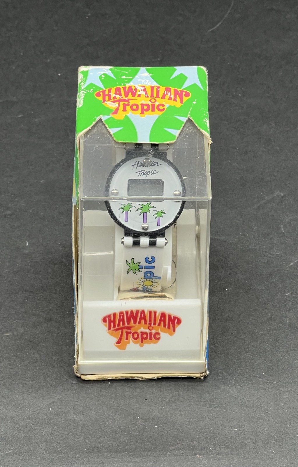 Vintage Hawaiian Tropic Promo Wrist Watch in Box Holder Sunscreen Suntan Lotion