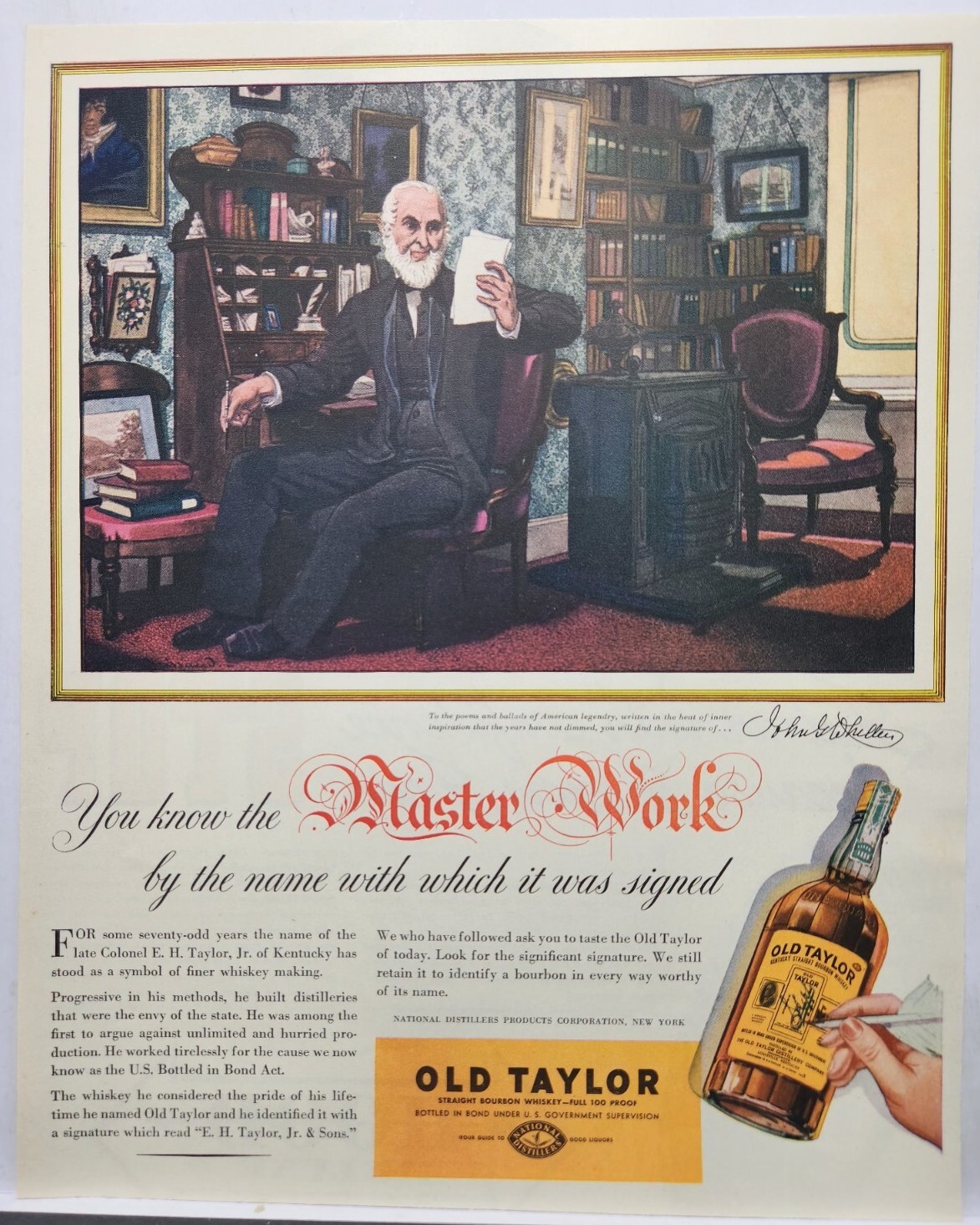 1937 Old Taylor Whiskey John Greenleaf Whittier Original Print Ad Life Mag 30s