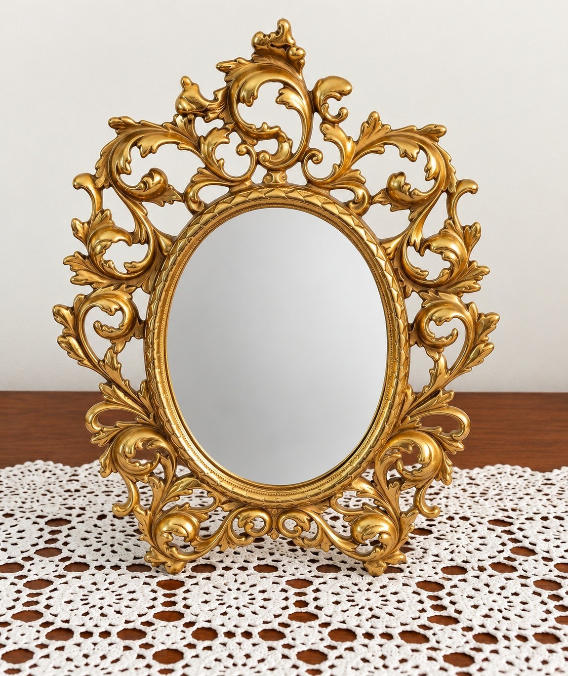 Vintage Ornate Solid Brass Oval Tabletop Mirror – Baroque Rococo Style