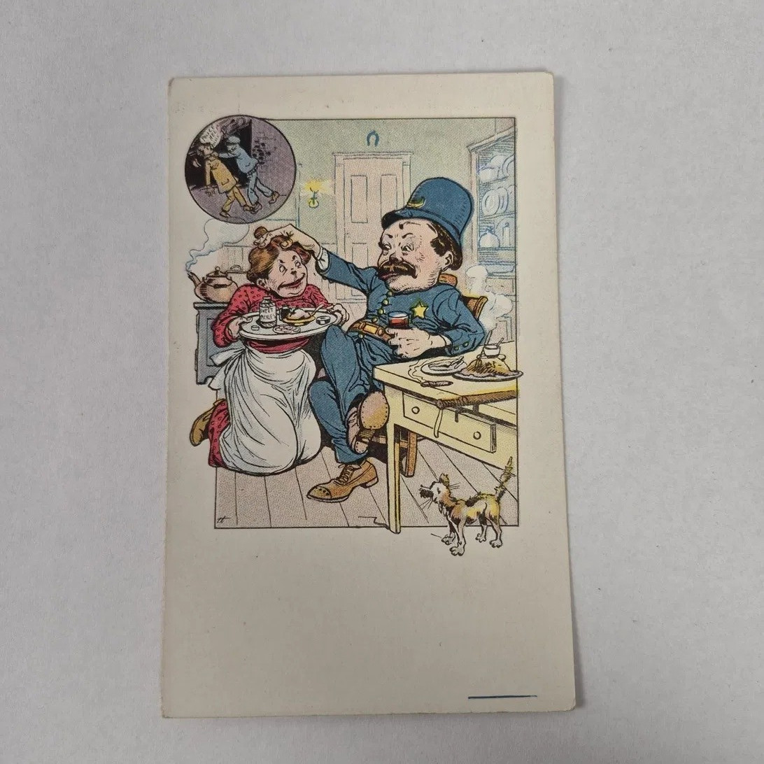 Antique Undivided Back Comic Postcard Policeman Cook Kitchen Cat Humor c1905