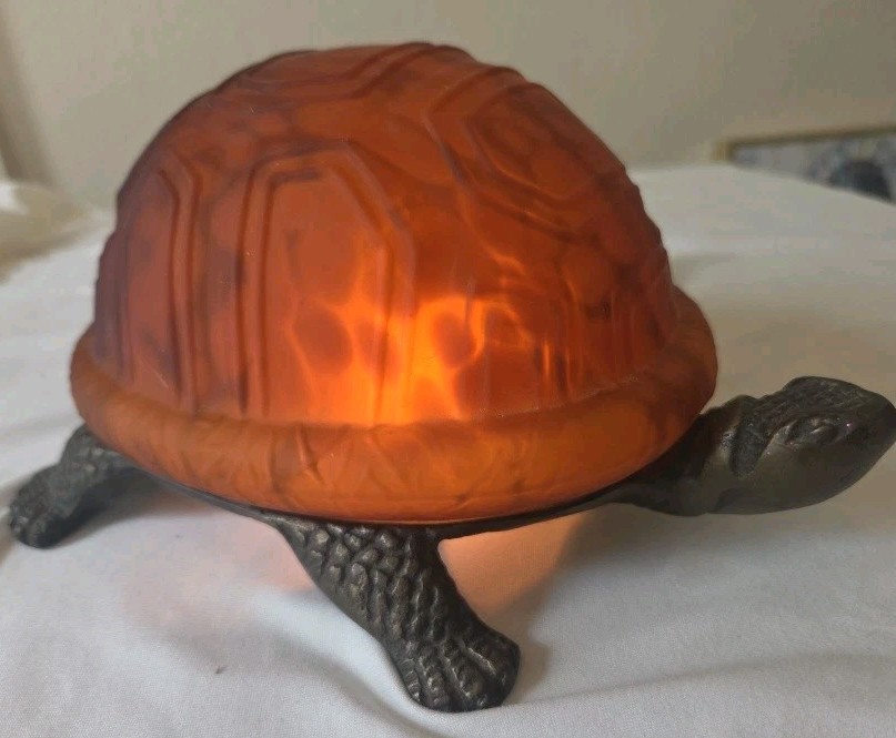 Vintage 1998 Heavy Cast Metal Turtle Accent Lamp Amber Tortoiseshell Glass Glow 