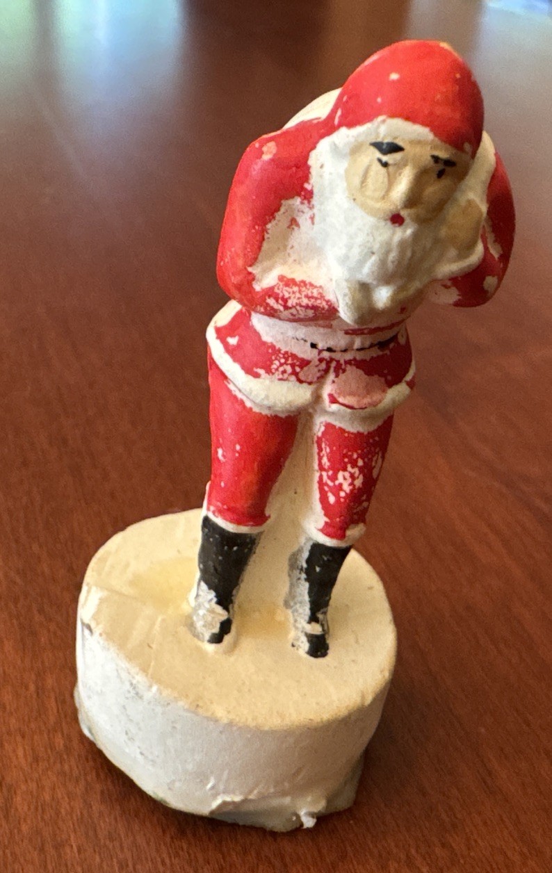Vintage Miniature Chalkware Santa Claus With Sack Figure 2.75”