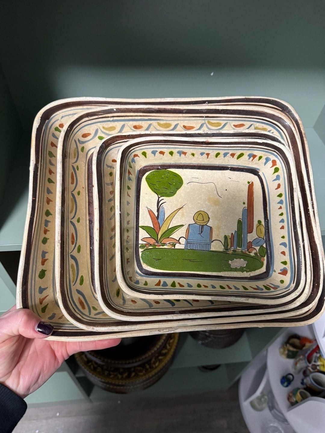 Vintage Tlaquepaque Folk Art Pottery Nesting Trays