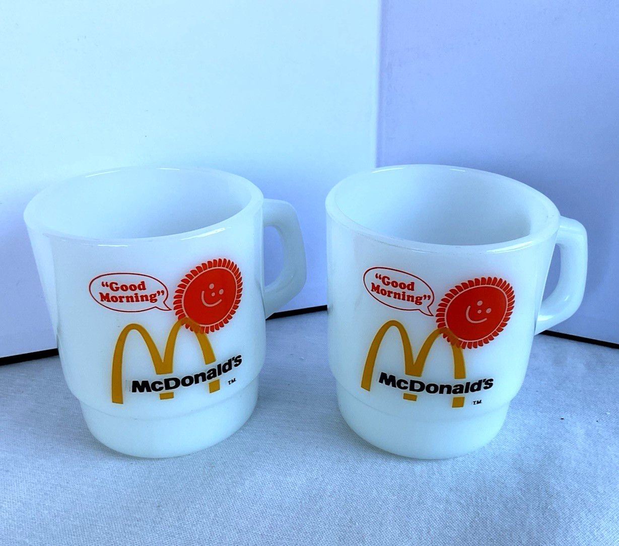 2 Vintage Anchor Hocking Fire King McDonalds Good Morning Milk Glass Coffee Cups