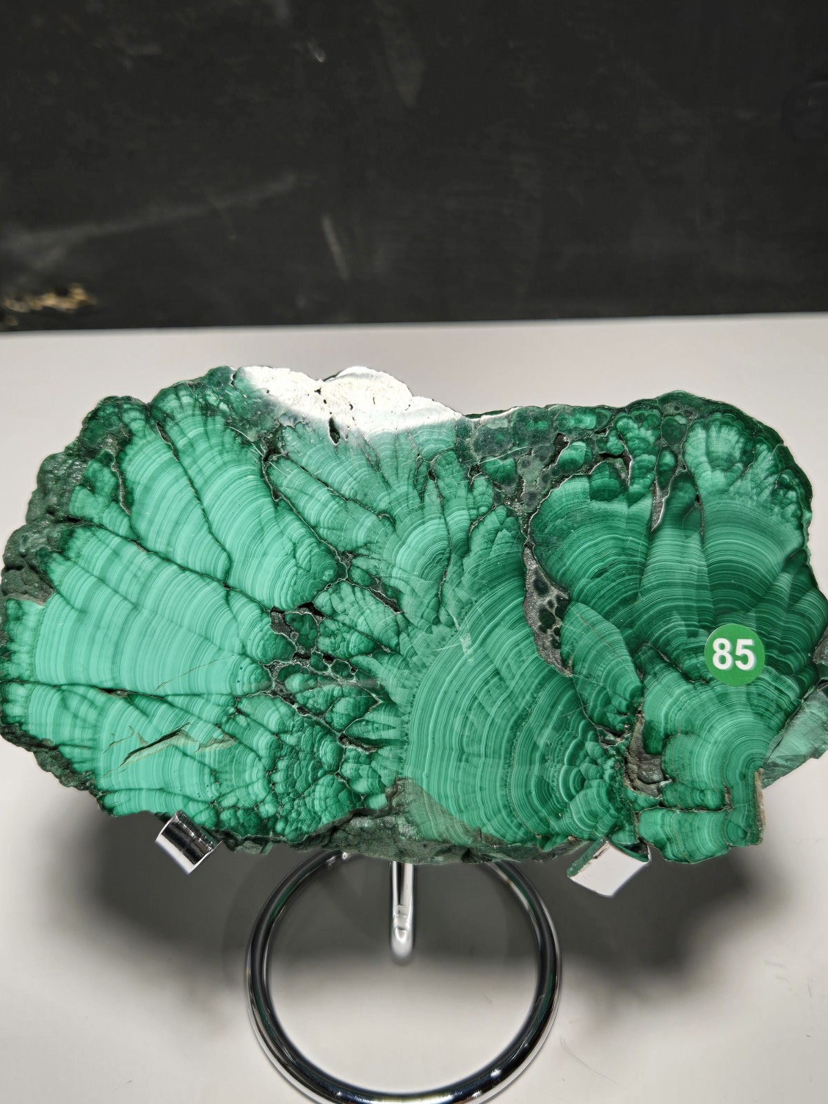 Gorgeous High Quality Polished Malachite Slab with Stand Stunning Banding G85