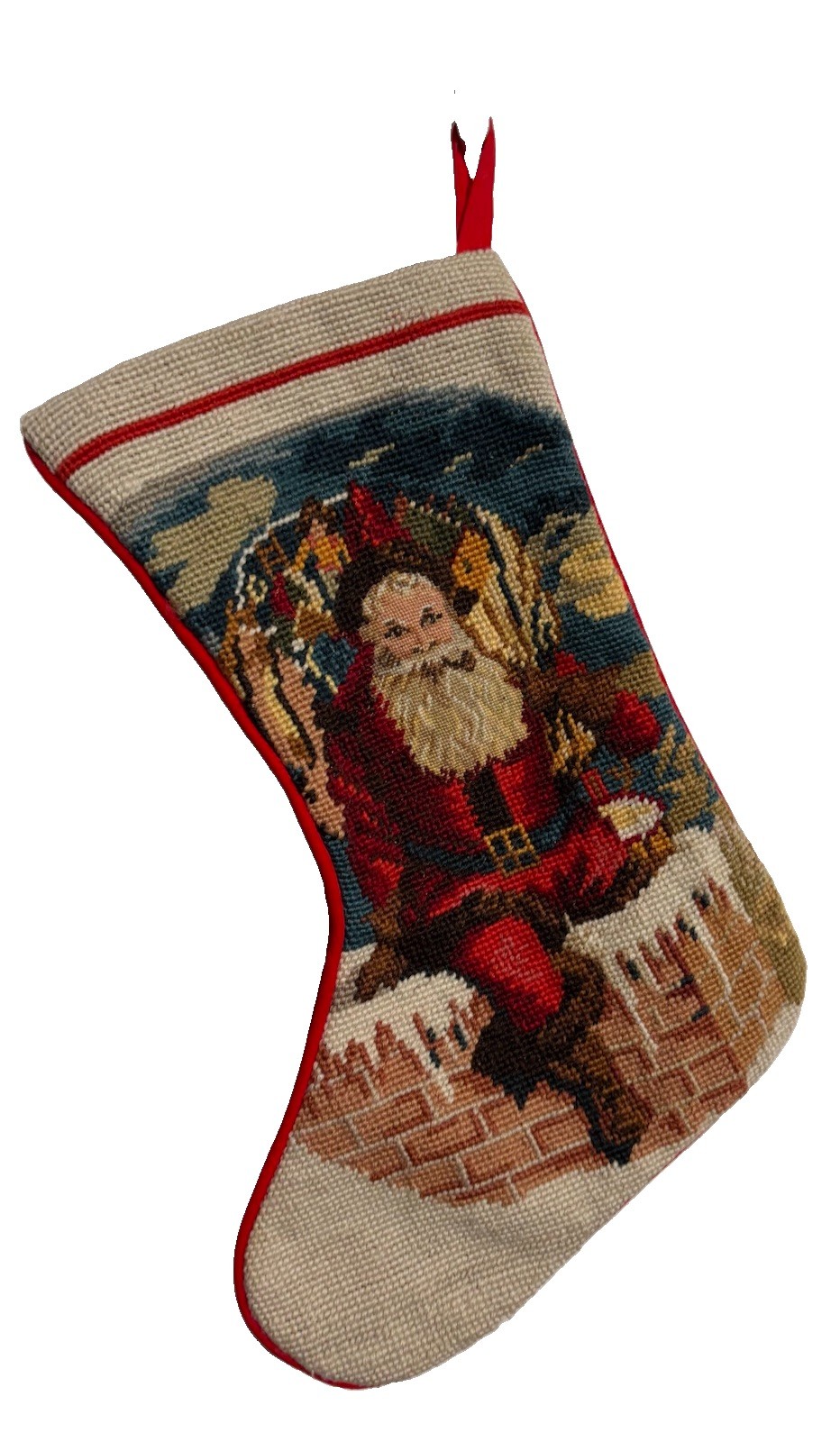 Vintage Needlepoint Christmas Stocking Santa Claus Coming Down Chimney Stocking