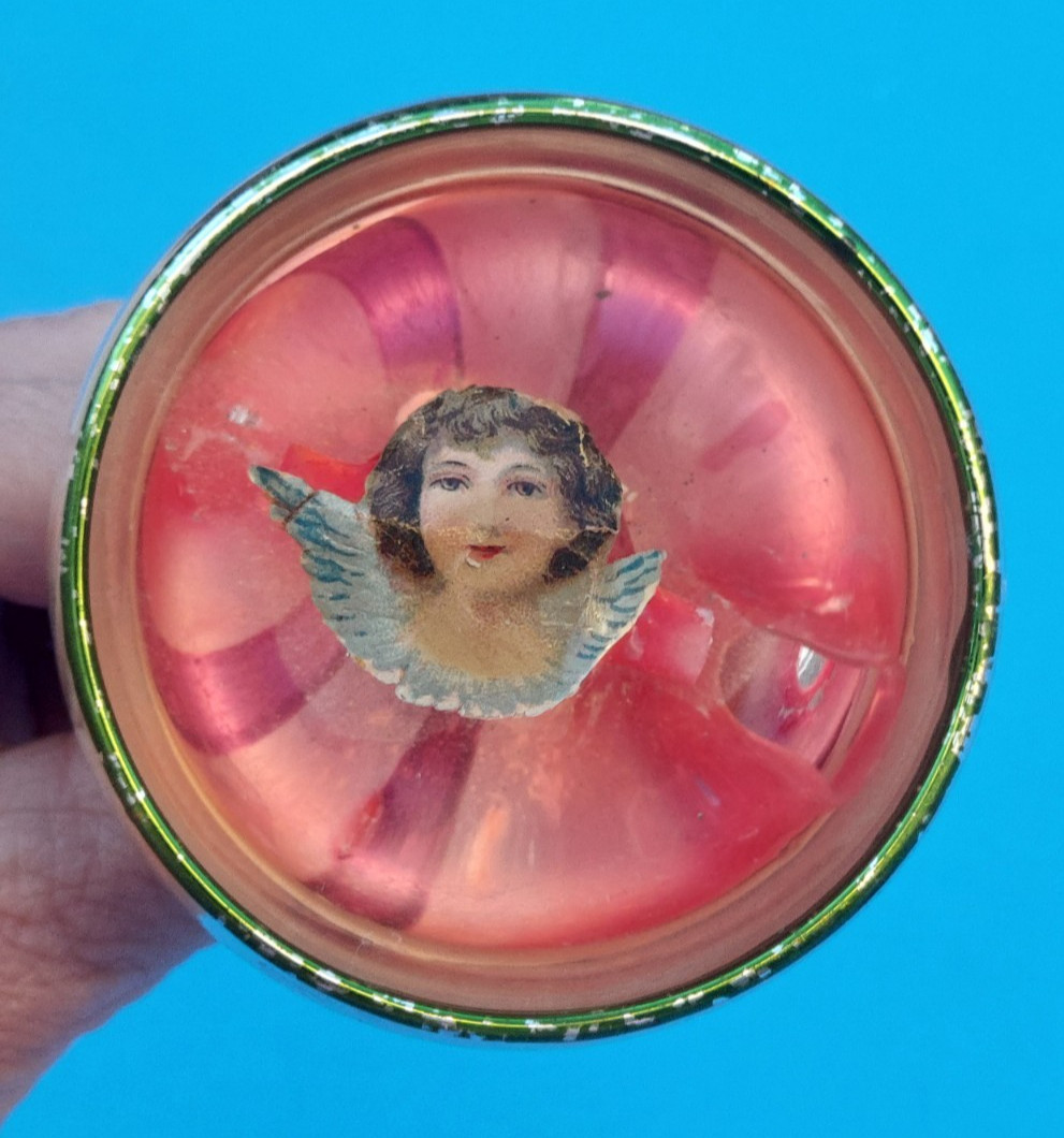 Vintage RARE Mercury GLASS Silver REFLECTOR Pink DIORAMA Cherub CLIP Ornament