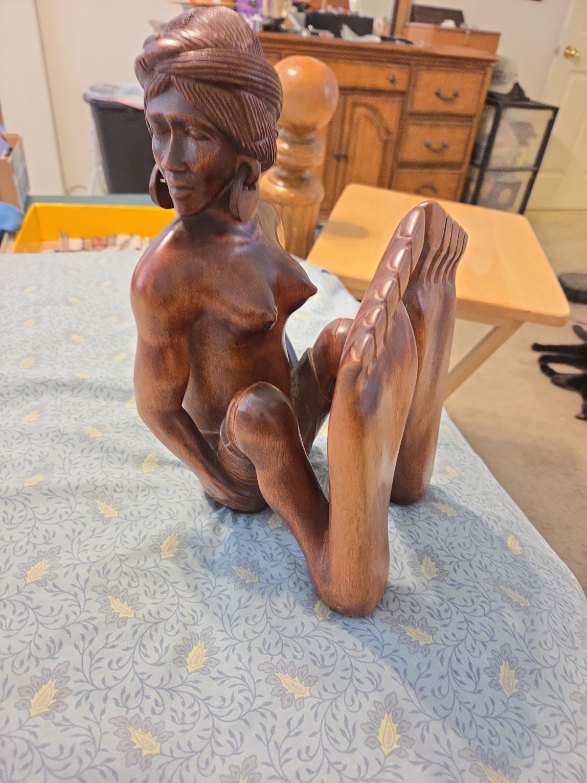 Vintage Philippines Hand Carved  Sculpture Women with Headband & Earrings 