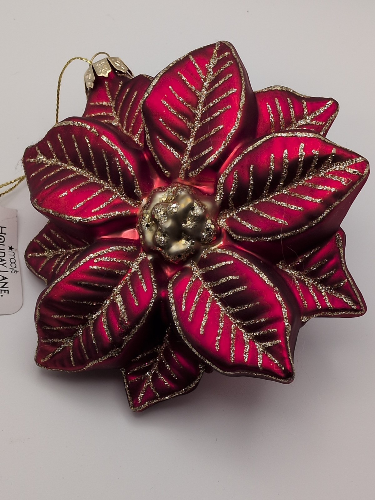Macy's Holiday Lane 4.5 Inch Red & Gold Glass Poinsetta Ornament Macy's Holiday Lane 4.5 Inch Red & Gold Glass Poinsetta Ornament