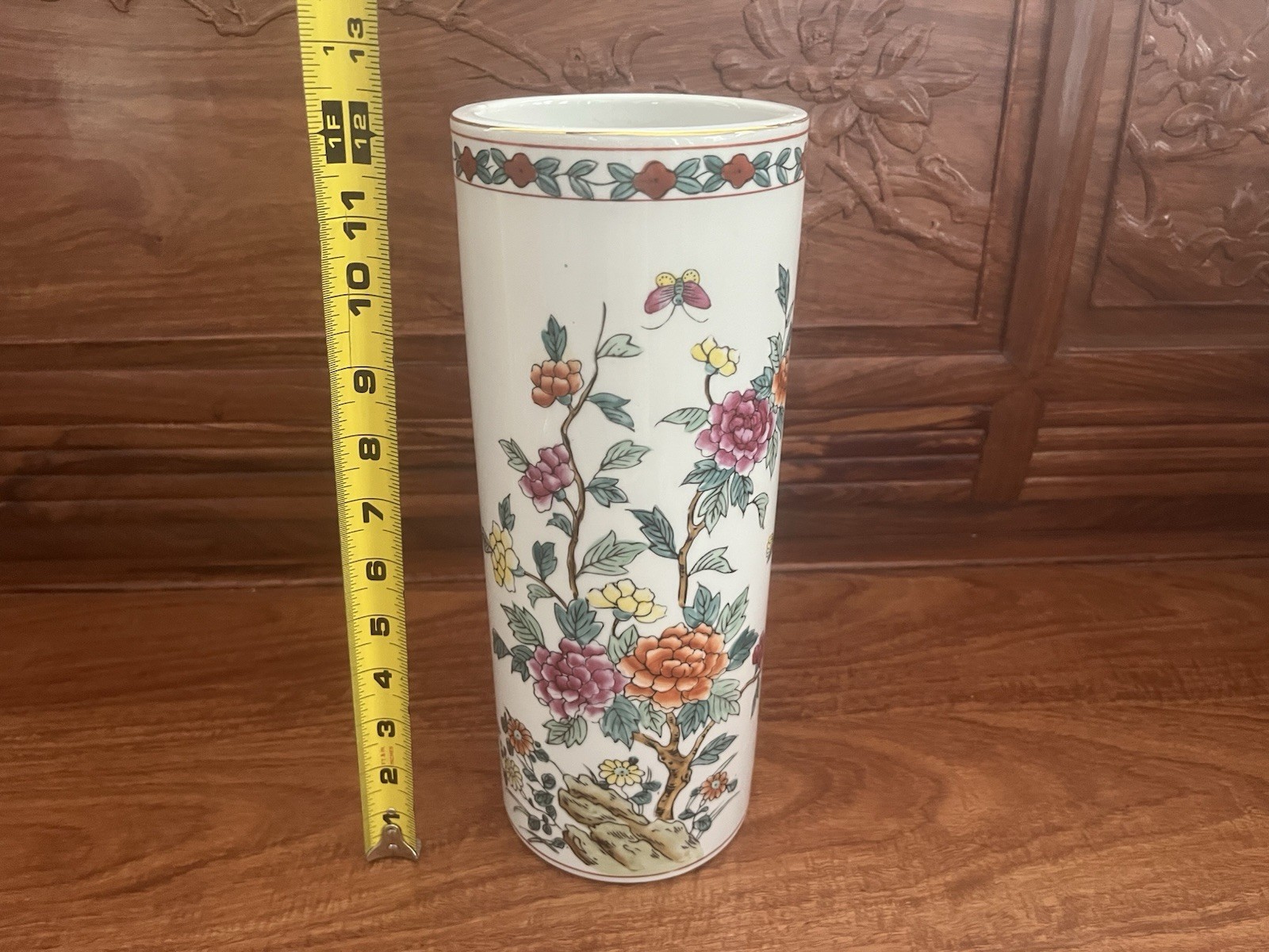 VTG Hand Painted Floral & Butterfly Design 12 Inches Porcelain Vase