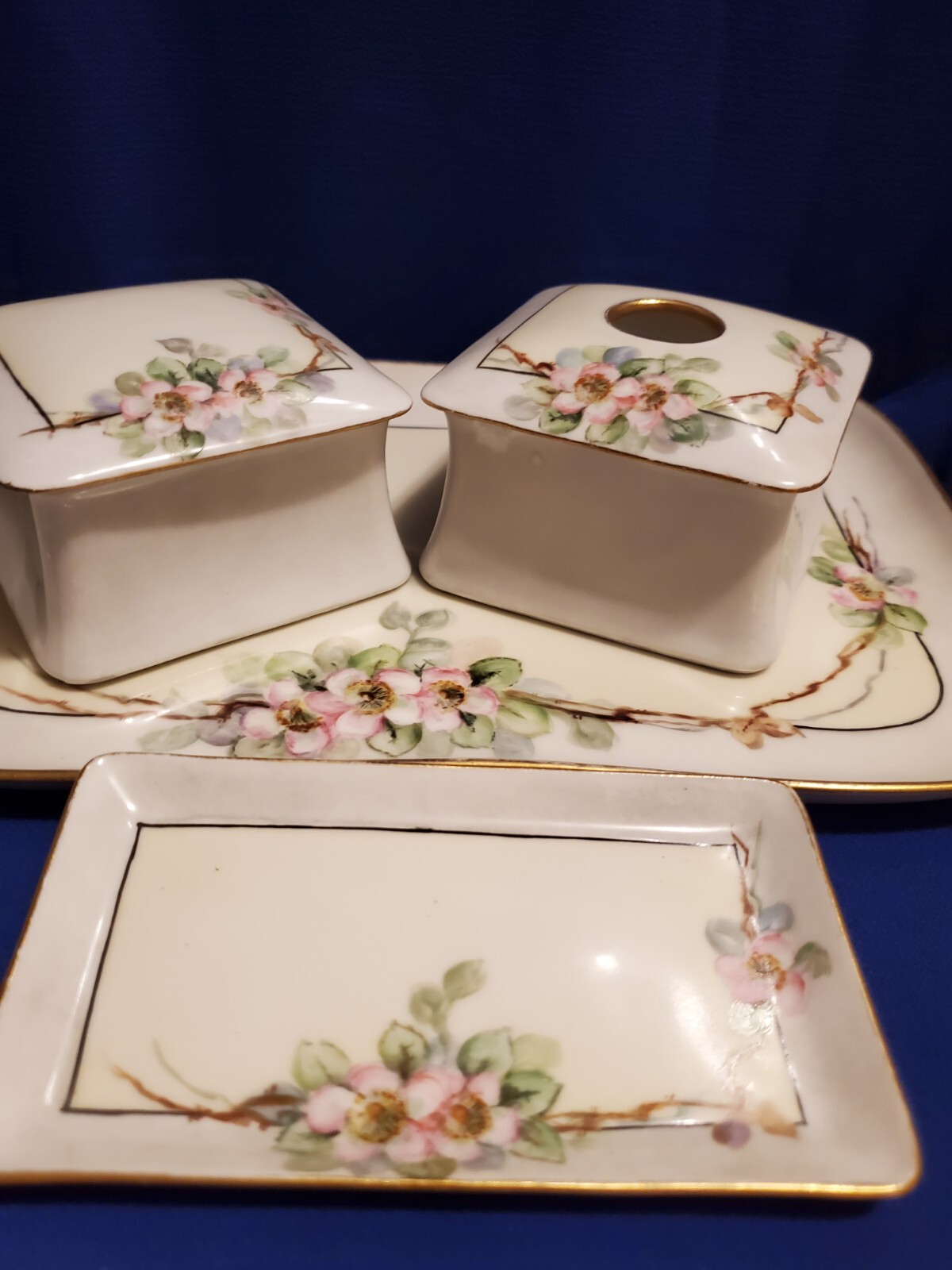 SALE WAS 85. ANTIQUE 6PC LIMOGES ART NOUVEAU VANITY SET HANDPAINTED PORCELAIN SALE WAS 85. ANTIQUE 6PC LIMOGES ART NOUVEAU VANITY SET HANDPAINTED PORCELAIN