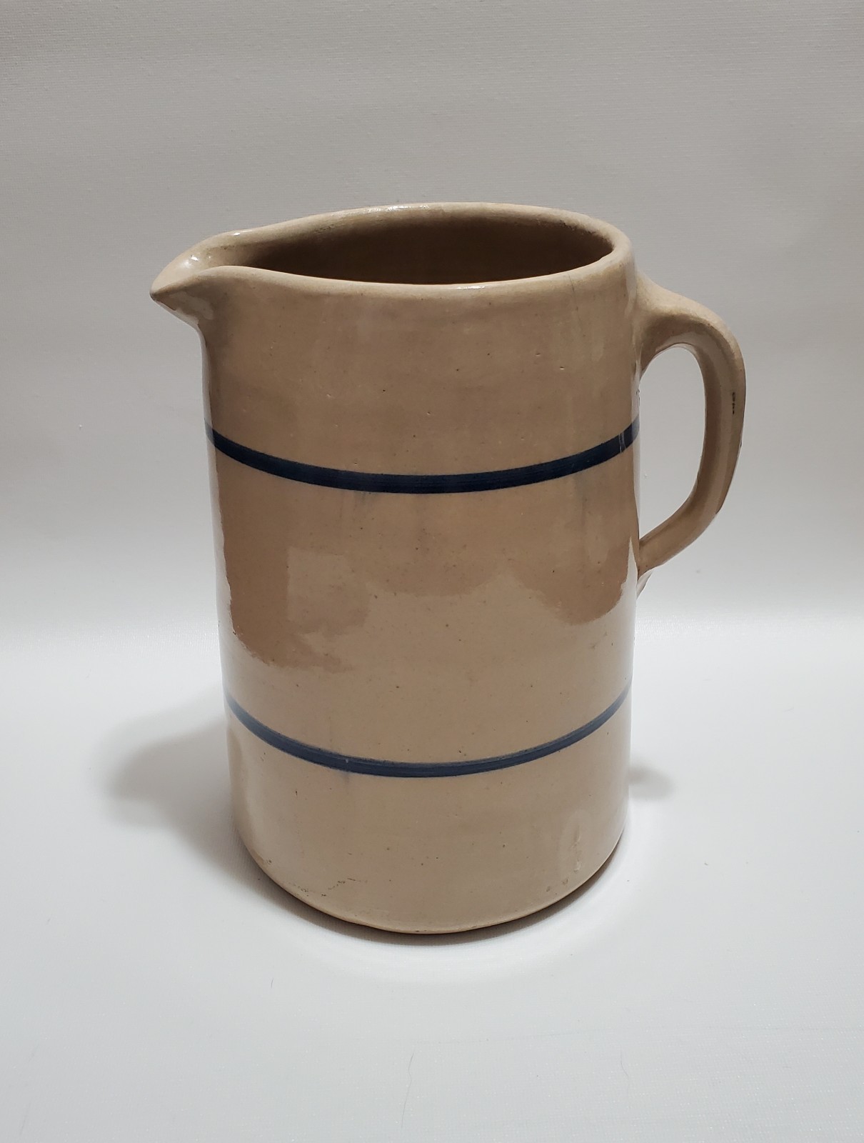 Vintage Large Glazed Pottery Pitcher, Beige Blue Stripes, Primitive Decorative Vintage Large Glazed Pottery Pitcher, Beige Blue Stripes, Primitive Decorative