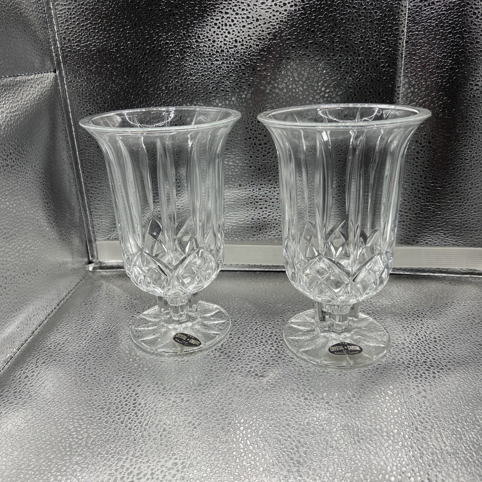 Pair Vintage DePlomb USA 24% Lead Crystal Hurricane Candle Holders 