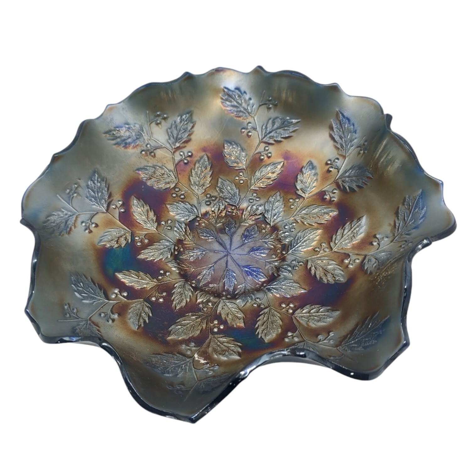 Antique Fenton Carnival Blue Ruffled Glass Bowl