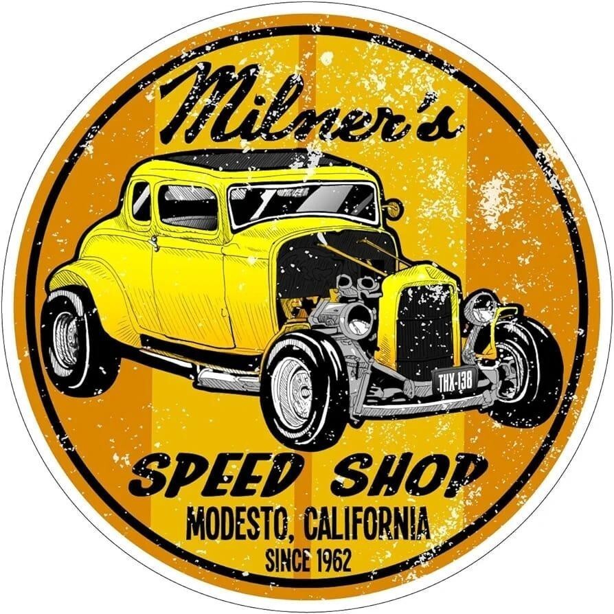 MILNER\'S SPEED SHOP RAT FINK HOT ROD BIKER MOTORCYCLES TOOLS GUNS STICKER  4 in.