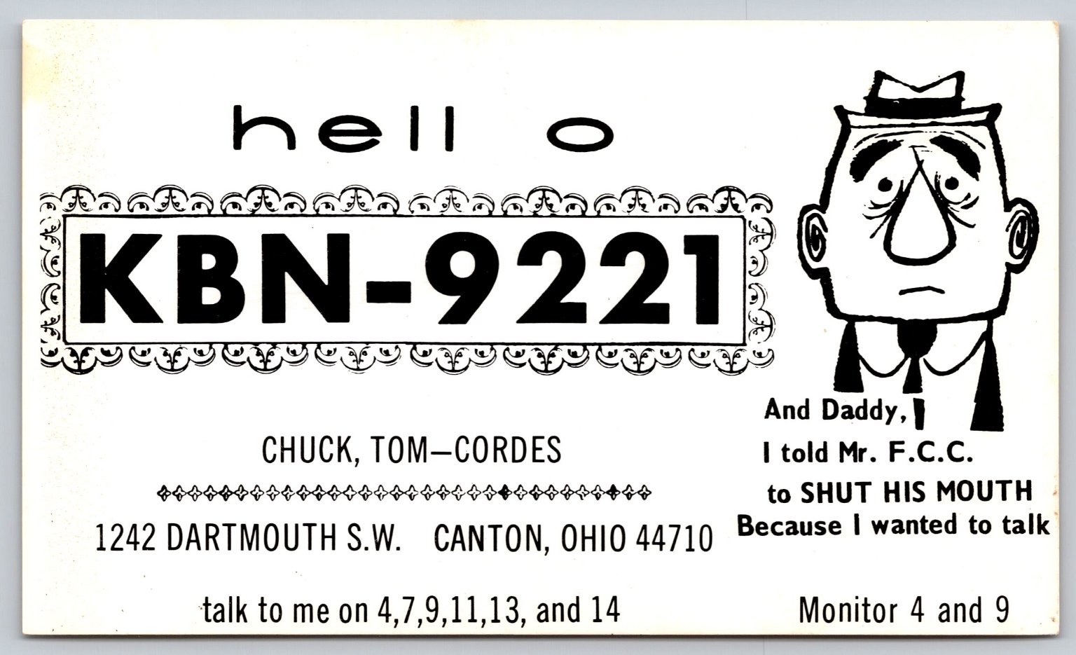CB Radio QSL Postcard KBN-9221 Canton Ohio Funny FCC Cartoon 1960s 1970s B53