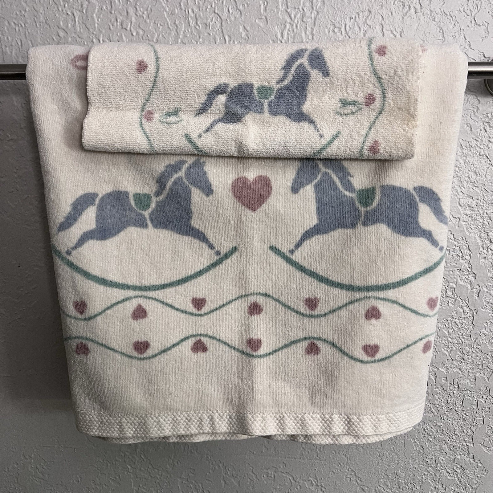 Vintage Fieldcrest Rocking Horse Bath Towel Washcloth Set 2 Pc Cotton USA Retro