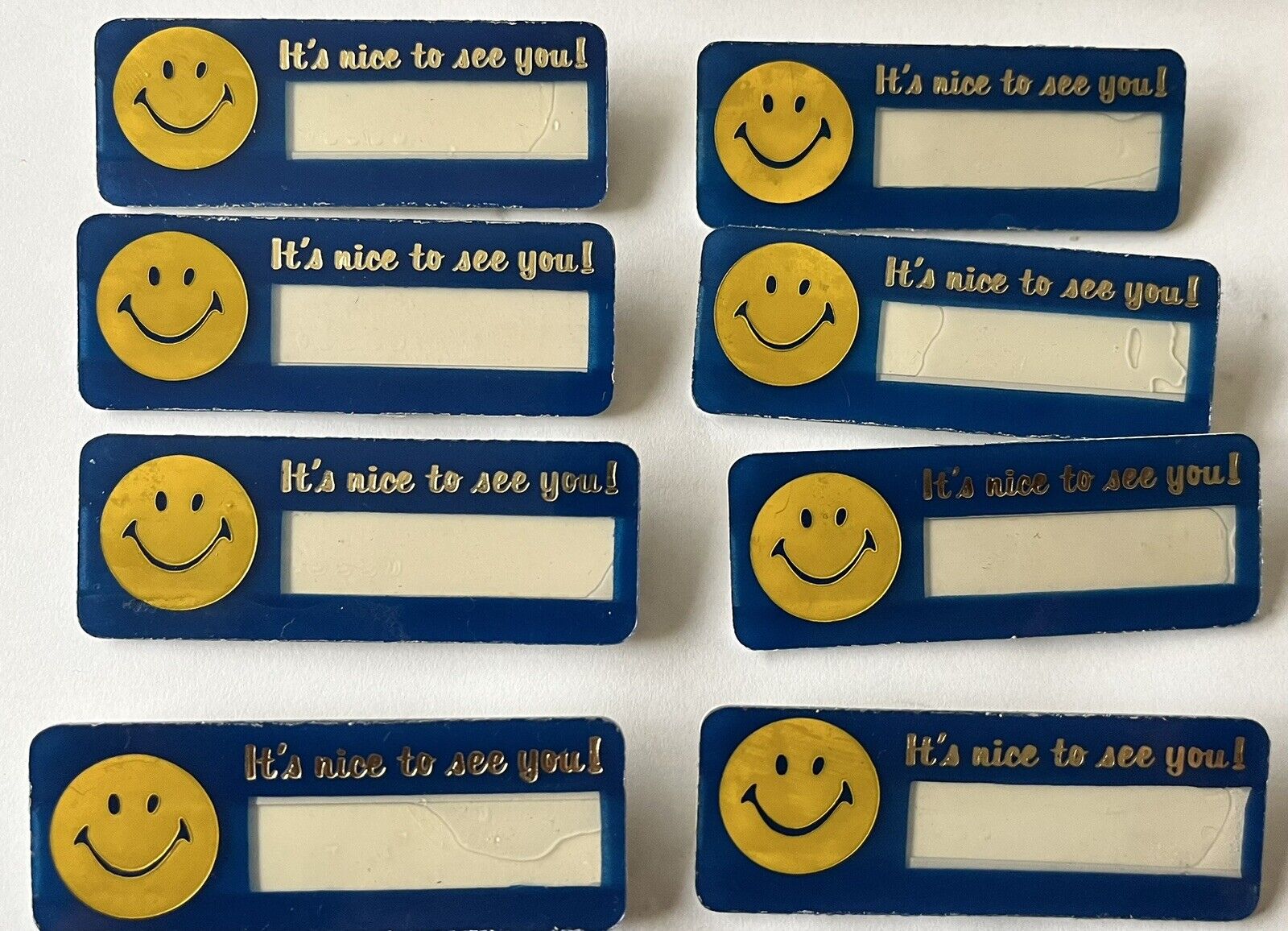 8 SMILEY FACE Its Nice to See You Vintage Employee Name Tags 60's 70's Smile