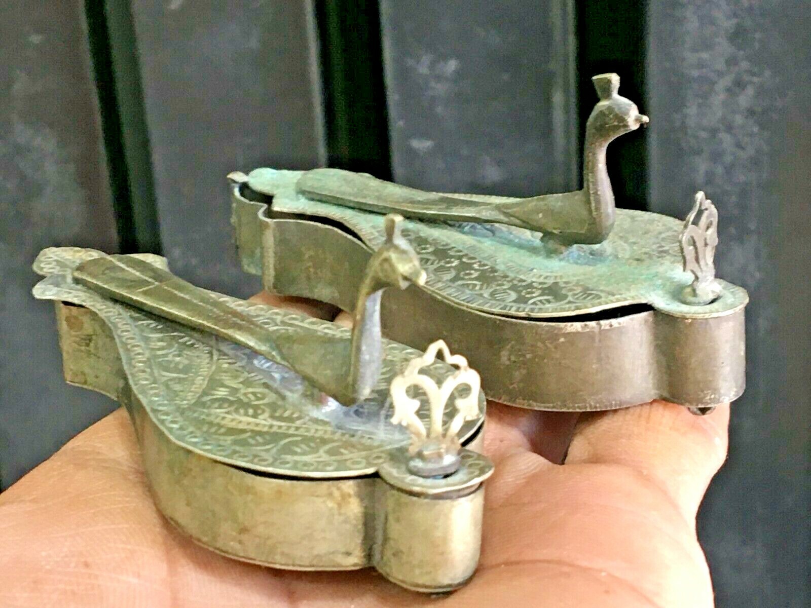 Vintage Old Set Of 2 Hand Crafted Peacock Brass Vermilion Kumkum Box Collectible