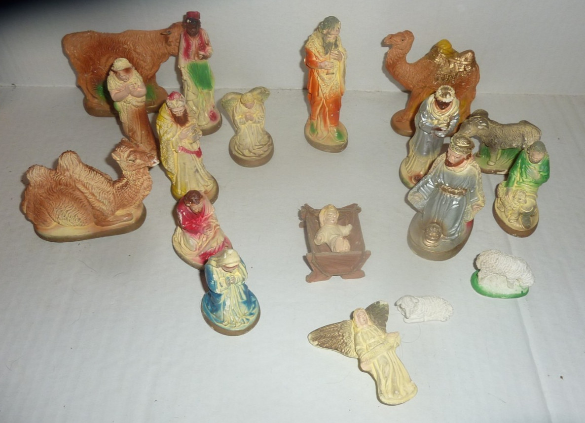 18 Pc Vintage Chalkware Nativity Set Animals Shepherds Kings Angels Holy Family