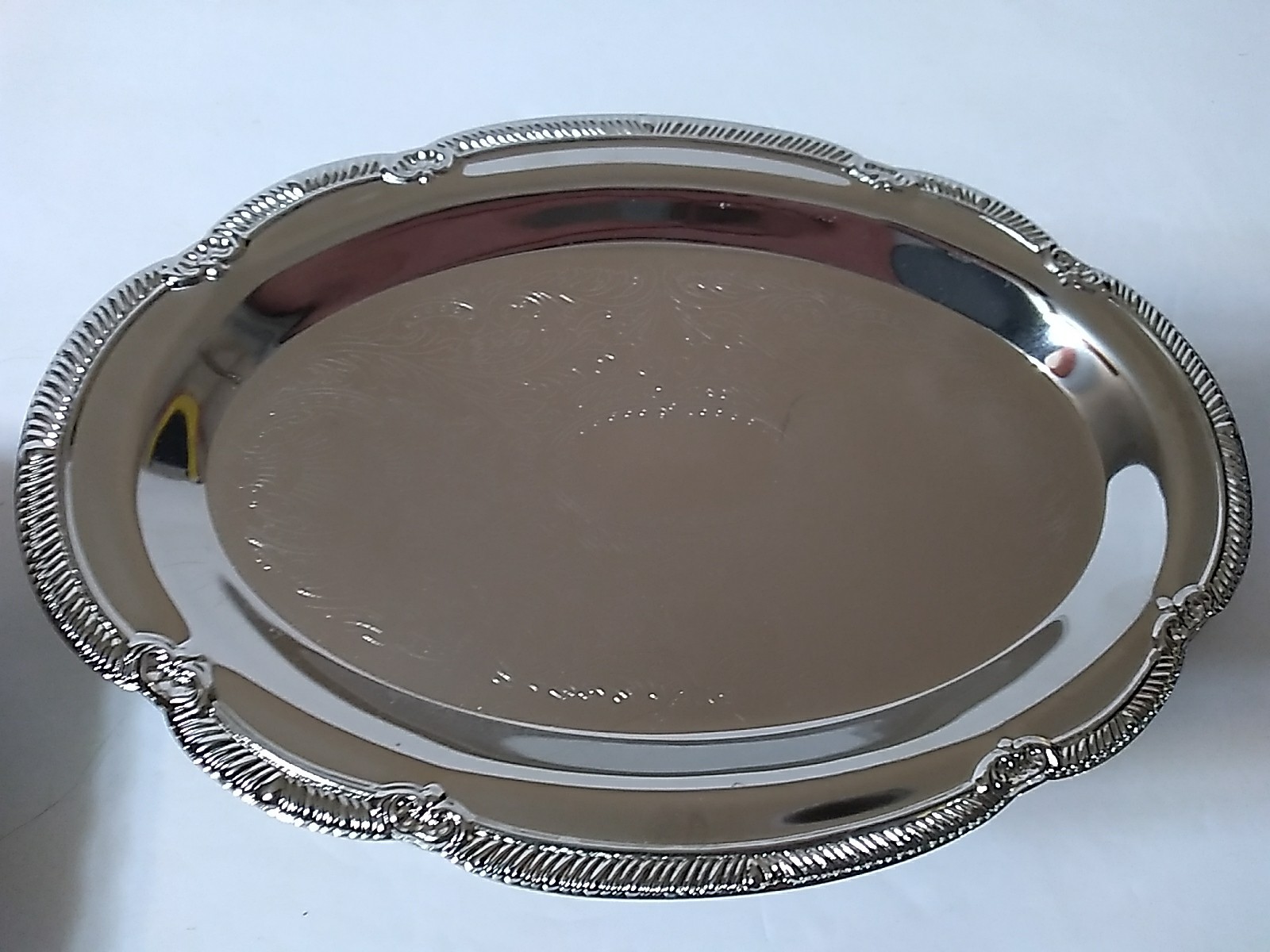 Vintage Oval Silverplate Serving Platter Etched Ornate Scroll Design 9.5