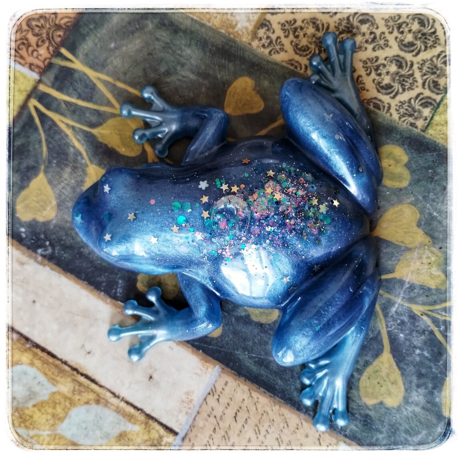 Handmade Resin Art Frog Blue With Moon Charm