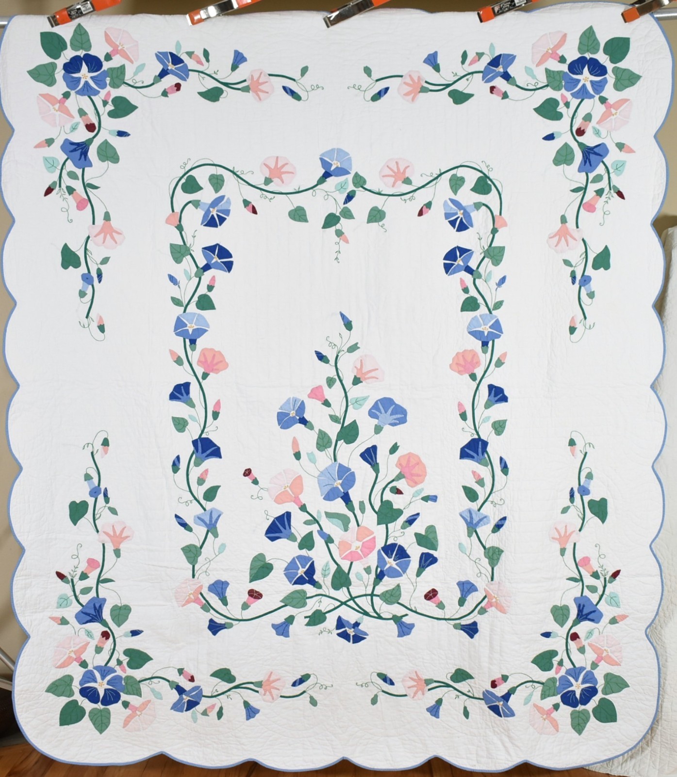 OUTSTANDING Vintage 30's Morning Glory Applique Antique Quilt ~Botanical Design