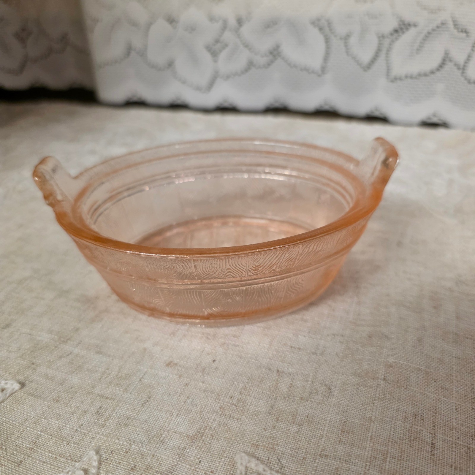Vintage Pink Depression Small Glass Bowl Nut Dish Oval Wood Grain Barrell Peach