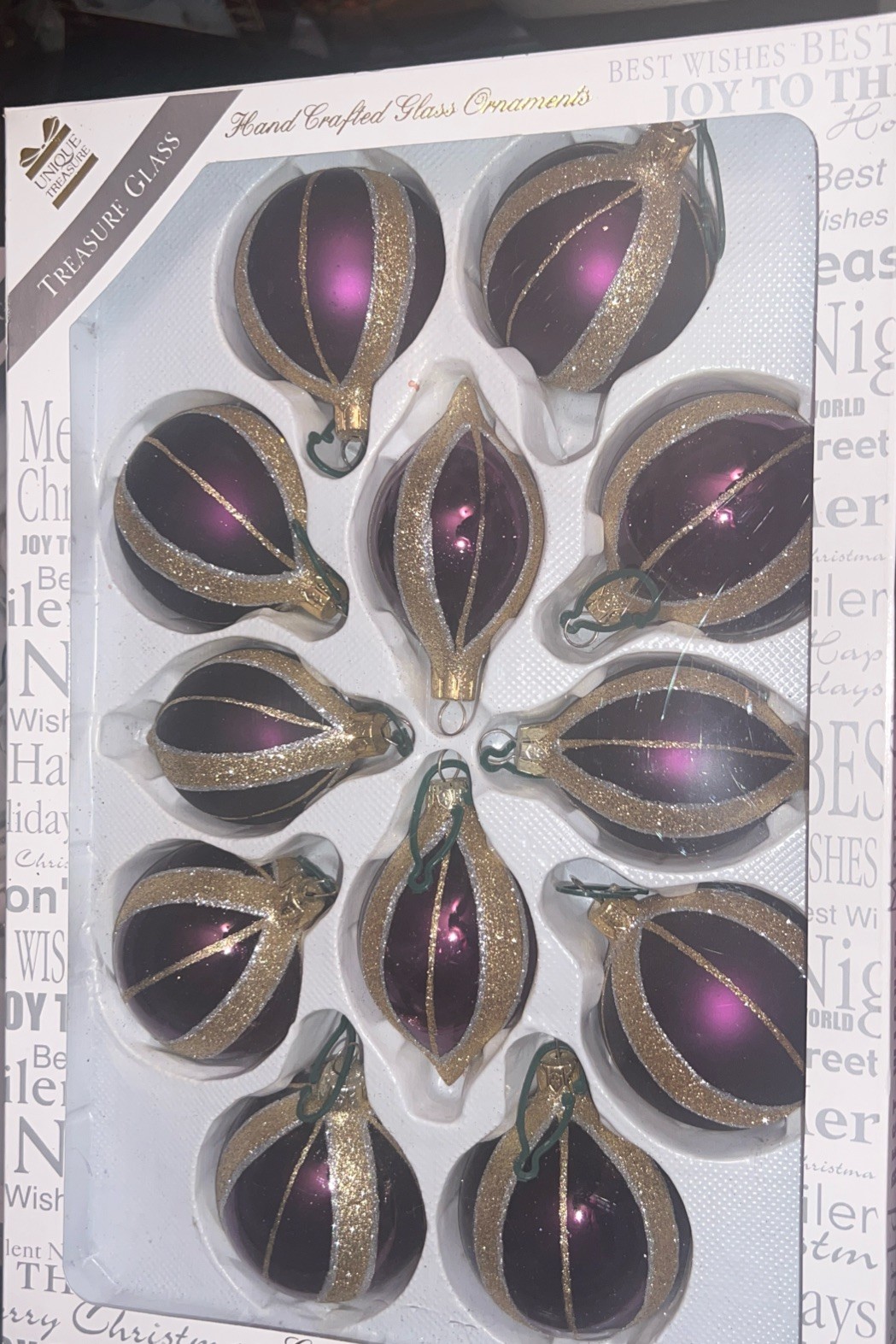Vintage Unique Treasures Hand Lacquered Glass Ornament Set Of 12 Purple & Gold
