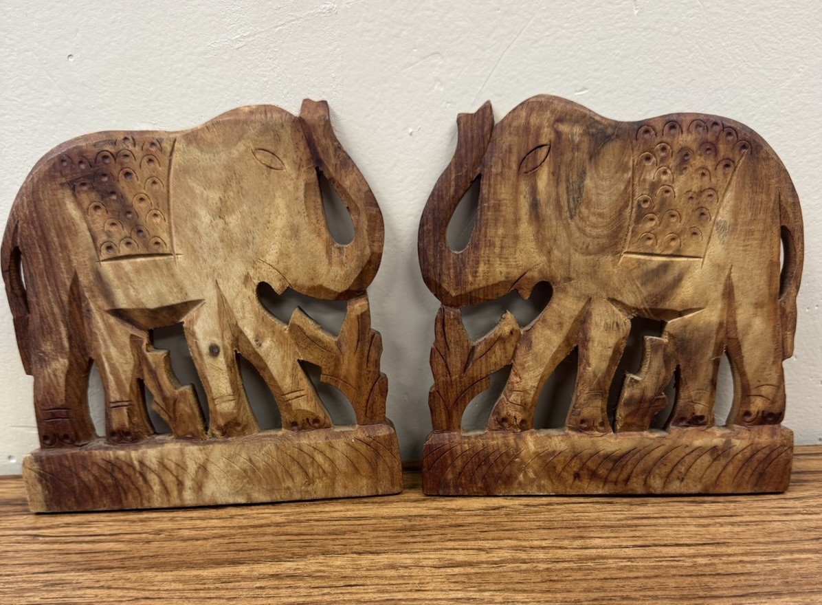 Vintage Indian Hand Carved Wooden Elephant Folk Art Ornament Wall Decor