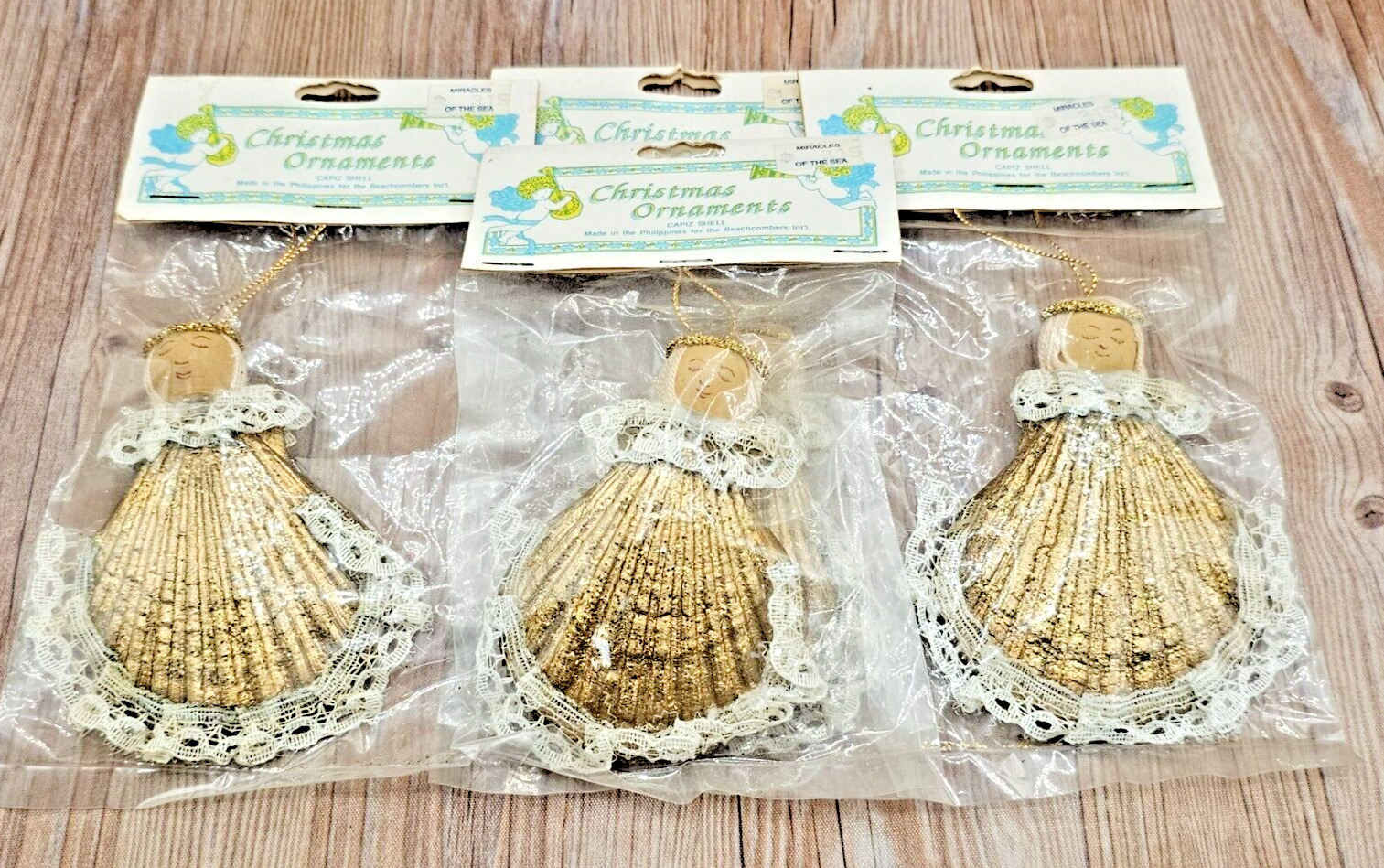 Christmas 4 Pkgs of Vintage Angels Ornaments w/Sea Shell Body & Wooden Head NOS