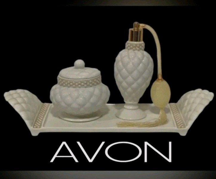 Avon Vintage 1999 White Porcelain Vanity Set Tray, Lidded Jar & Perfume Atomizer