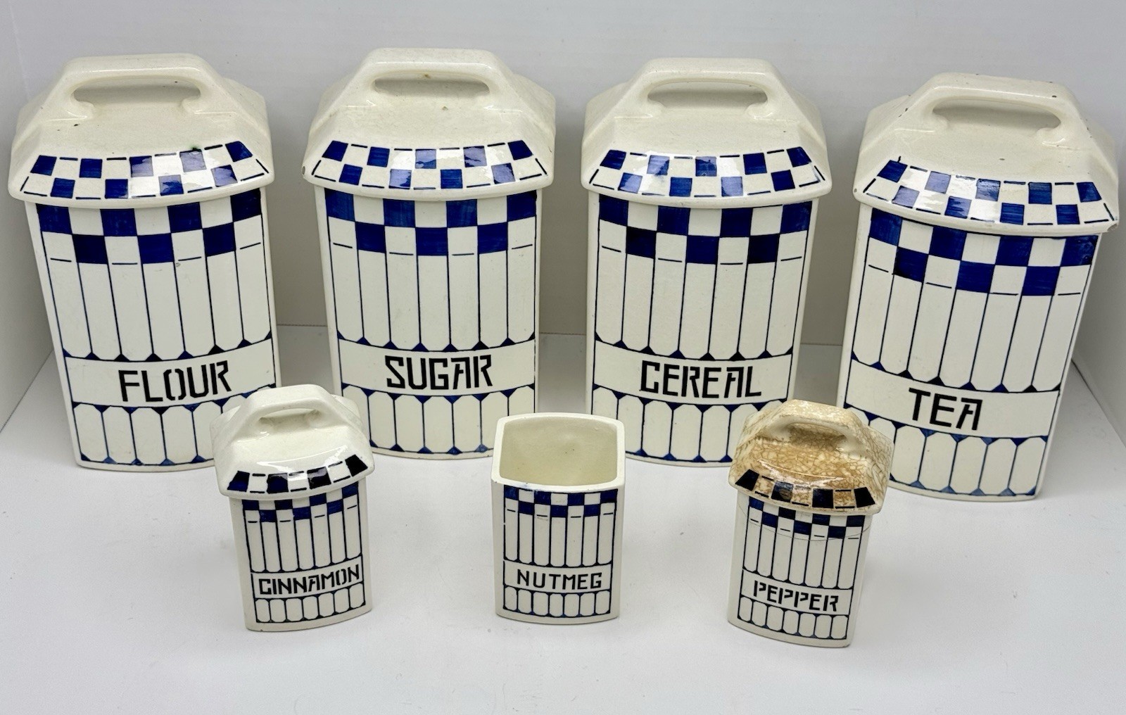 Vintage German Ceramic Canister Set Art Deco Blue White Checkered Rhein Dec 410
