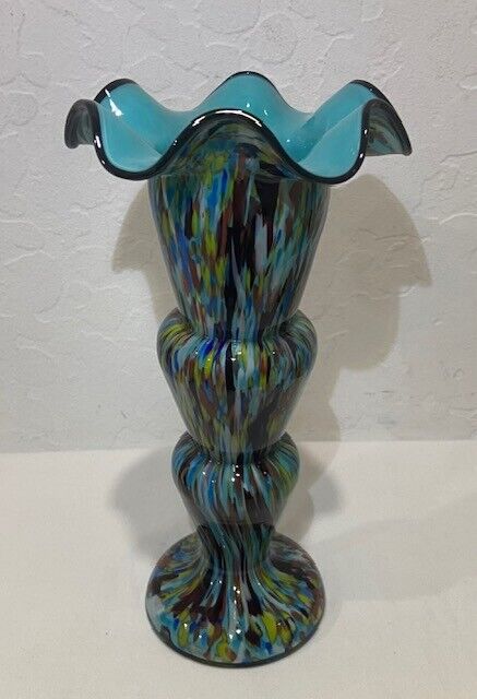 Stunning Czeck Art Deco Bohemian Stepped Splatter Glass Vase w/Ruffle Edge Blue