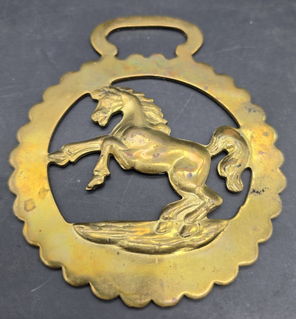 Brass European Horse Harness Badge Bridle Medallion Equestrian HORSE Vtg 4in