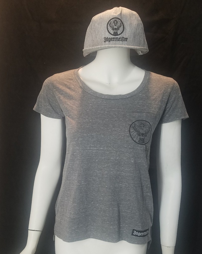 JAGERMEISTER GRAY WOMEN'S SIZE S T-SHIRT & JAGERMEISTER GRAY BASEBALL CAP