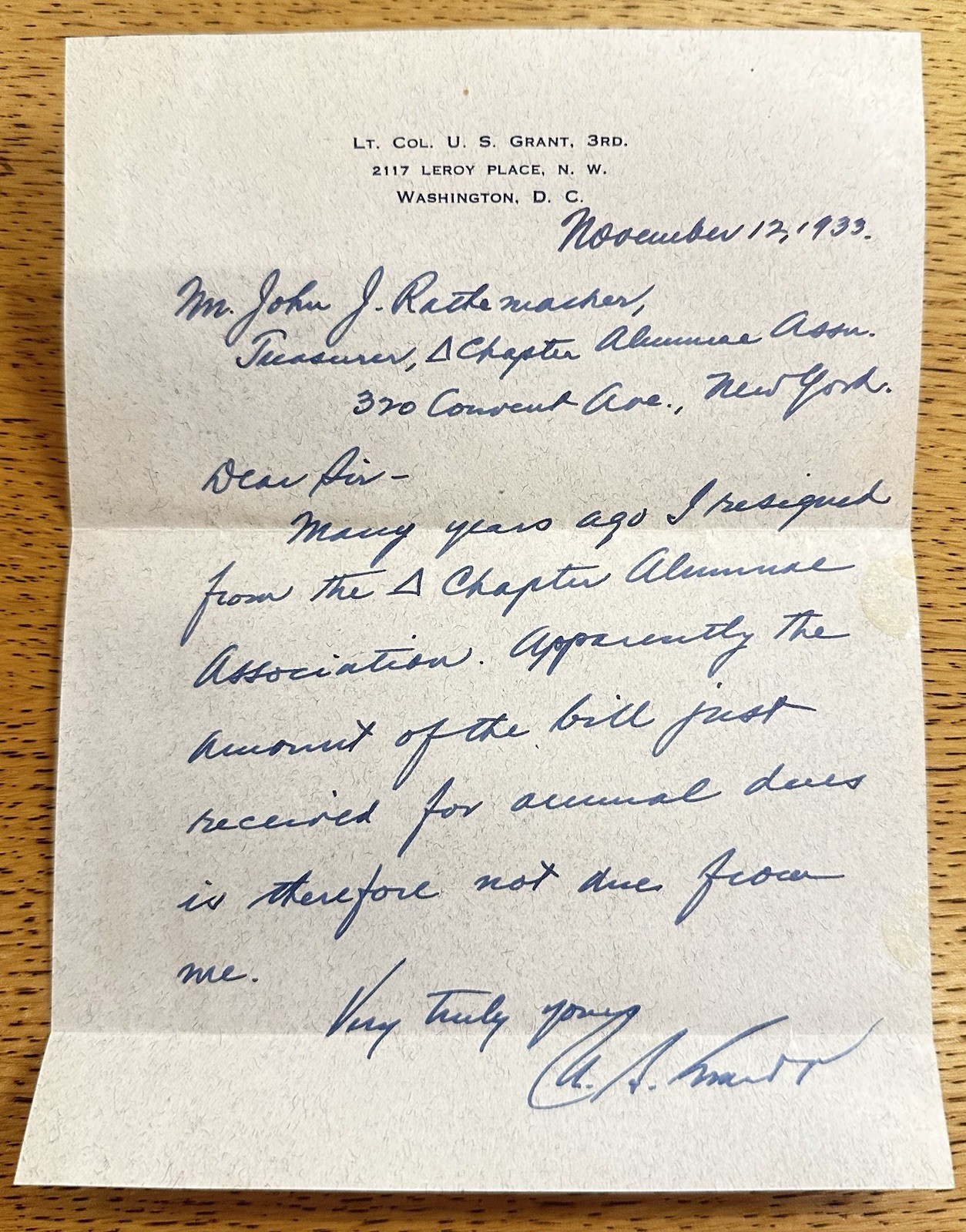 Lt. Colonel U.S. Grant 3rd SIGNED Note (Grandson of President Ulysses S. Grant)