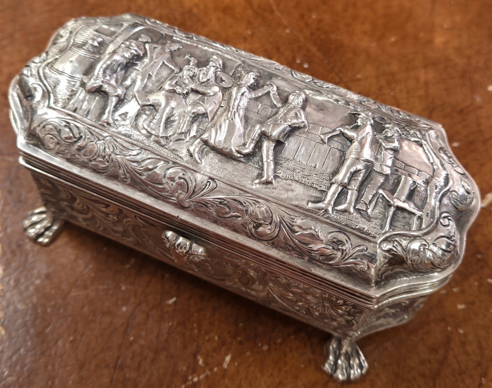 Antique Dutch Solid 833 Silver Repousse Trinket Box Casket Paw Foot