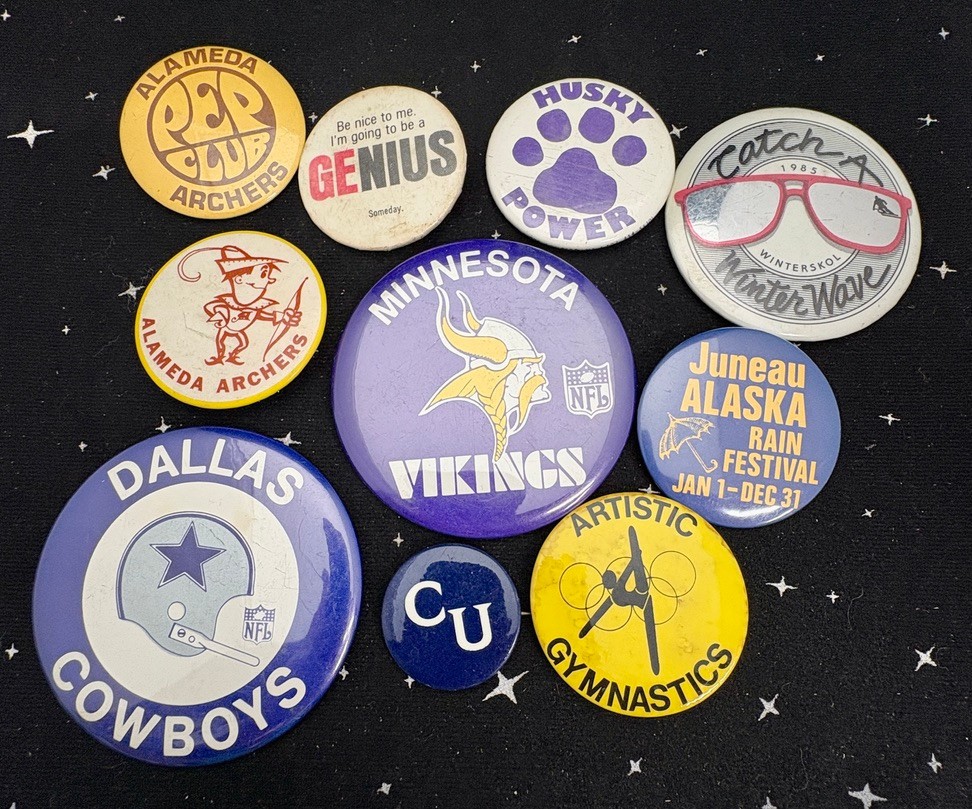 Vintage Pinback Buttons Lot Of 10 Sports Different Sizes